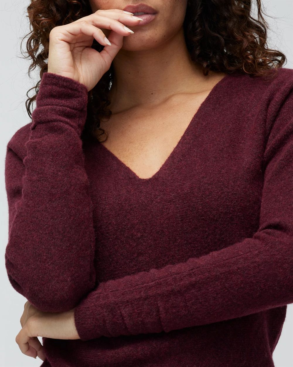 V Neck Shirred Sleeve Tunic Pullover Sweater